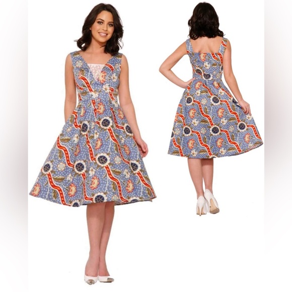 HEARTS & ROSES LONDON MODCLOTH RETRO PRINT V NECK DRESS. VINTAGE Sz. 16 - Picture 1 of 10